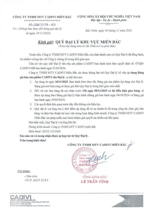 Cadivi miền Bắc thay đổi chiết khấu áp dụng từ 10/11/2025