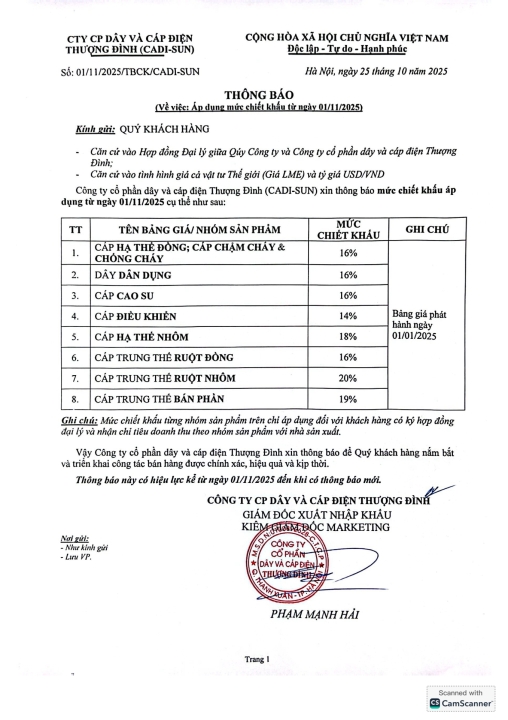 Cadisun thay đổi chiết khấu áp dụng từ 1/11/2025