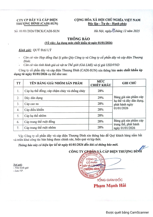 Chiết khấu Cadisun áp dụng từ 1/1/2026