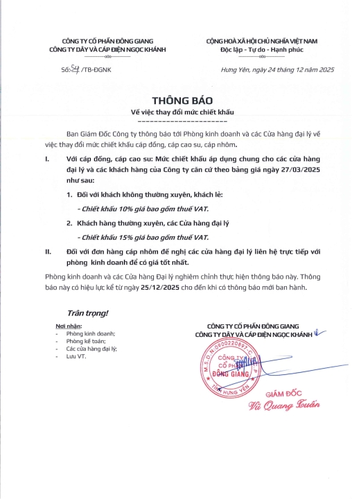 Goldcup thay đổi chiết khấu áp dụng từ 25/12/2025